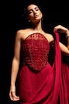 Shop_Vesture_Red Crepe, Mesh Embroidery Bandeau Neck Crimson Corset Lehenga Set _Online_at_Aza_Fashions