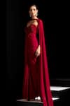 Shop_Vesture_Red Lycra Crystals Sweetheart Neck, Choker Rouge Embellished Gown With Cape _at_Aza_Fashions