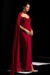 Vesture_Red Lycra Crystals Sweetheart Neck, Choker Rouge Embellished Gown With Cape _Online_at_Aza_Fashions