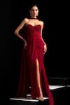 Buy_Vesture_Red Lycra Crystals Sweetheart Neck, Choker Rouge Embellished Gown With Cape _at_Aza_Fashions