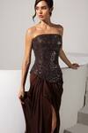 Vesture_Brown Satin Sequins, Beads Bandeau Neck, Square Cocoa Corset And Draped Skirt Set _Online_at_Aza_Fashions