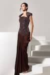 Buy_Vesture_Brown Satin Sequins, Beads Bandeau Neck, Square Cocoa Corset And Draped Skirt Set _Online_at_Aza_Fashions