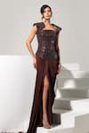 Buy_Vesture_Brown Satin Sequins, Beads Bandeau Neck, Square Cocoa Corset And Draped Skirt Set _at_Aza_Fashions