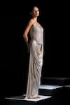 Vesture_Silver Lycra, Mesh Pearls, Beads Halo Pre-draped Saree With Embellished Corset _Online_at_Aza_Fashions