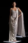 Buy_Vesture_Silver Lycra, Mesh Pearls, Beads Halo Pre-draped Saree With Embellished Corset _at_Aza_Fashions