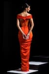 Shop_Vesture_Orange Satin Sequins, Beads Off-shoulder Tangelo Corset And Draped Skirt Set _at_Aza_Fashions