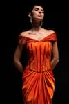 Vesture_Orange Satin Sequins, Beads Off-shoulder Tangelo Corset And Draped Skirt Set _Online_at_Aza_Fashions