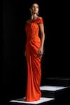 Buy_Vesture_Orange Satin Sequins, Beads Off-shoulder Tangelo Corset And Draped Skirt Set _Online_at_Aza_Fashions