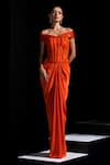 Buy_Vesture_Orange Satin Sequins, Beads Off-shoulder Tangelo Corset And Draped Skirt Set _at_Aza_Fashions