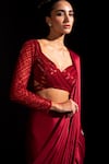 Shop Vesture Red Satin Tassels, Embroidery, Sequins Blaze Pre-draped Saree With Blouse Online at Aza Fashions Shop_Vesture_Red Satin Tassels, Embroidery, Sequins Blaze Pre-draped Saree With Blouse _Online_at_Aza_Fashions
