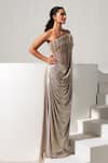 Buy_Vesture_Silver Lycra, Mesh Embroidery, Treasure Metallic Pre-draped Saree With Corset _Online_at_Aza_Fashions