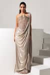Buy_Vesture_Silver Lycra, Mesh Embroidery, Treasure Metallic Pre-draped Saree With Corset _at_Aza_Fashions