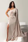 Buy_Vesture_Silver Lycra Crystals One Shoulder Platina Slit Gown _at_Aza_Fashions