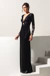 Vesture_Black Lycra Crystals V-neck Onyx Deep Ring Gown _Online_at_Aza_Fashions