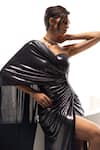 Buy_Vesture_Charcoal Lycra One Shoulder Gunmetal Metallic Draped Gown _Online_at_Aza_Fashions