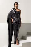 Buy_Vesture_Charcoal Lycra One Shoulder Gunmetal Metallic Draped Gown _at_Aza_Fashions