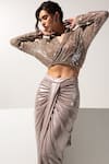 Buy_Vesture_Brown Lycra Sequins Collared, Sienna Metallic Shirt And Centre Draped Skirt _Online_at_Aza_Fashions