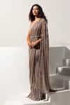 Vesture_Brown Lycra Sequins, Crystals One Shoulder Hazel Metallic Draped Saree Gown _Online_at_Aza_Fashions