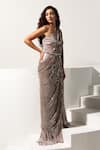 Buy_Vesture_Brown Lycra Sequins, Crystals One Shoulder Hazel Metallic Draped Saree Gown _Online_at_Aza_Fashions