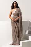 Buy_Vesture_Brown Lycra Sequins, Crystals One Shoulder Hazel Metallic Draped Saree Gown _at_Aza_Fashions