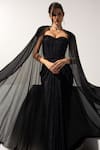 Shop_Vesture_Black Crystals, Beads Sweetheart Midnight Embellished Cape And Draped Skirt Set _Online_at_Aza_Fashions