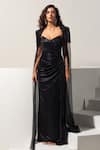 Buy_Vesture_Black Lycra, Mesh Sequins, Embroidery Sweetheart Noir Draped Gown With Cape _at_Aza_Fashions