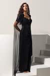 Shop_Vesture_Black Lycra, Mesh Sequins, Embroidery Sweetheart Noir Draped Gown With Cape _Online_at_Aza_Fashions