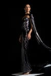 Buy_Vesture_Charcoal Lycra Sweetheart Neck, Smoke Metallic Tube Corset Draped Gown With Cape _Online_at_Aza_Fashions