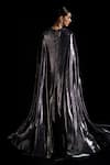 Shop_Vesture_Charcoal Lycra Sweetheart Neck, Smoke Metallic Tube Corset Draped Gown With Cape _at_Aza_Fashions