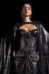 Shop_Vesture_Charcoal Lycra Sweetheart Neck, Smoke Metallic Tube Corset Draped Gown With Cape _Online_at_Aza_Fashions