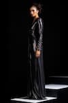 Vesture_Charcoal Lycra Crystals V-neck Titan Metallic Grey Knotted Draped Gown _Online_at_Aza_Fashions