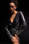 Shop_Vesture_Charcoal Lycra Crystals V-neck Titan Metallic Grey Knotted Draped Gown _Online_at_Aza_Fashions