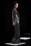 Vesture_Charcoal Lycra Crystals V-neck Titan Metallic Grey Knotted Draped Gown _at_Aza_Fashions