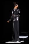 Shop_Vesture_Charcoal Lycra Crystals V-neck Titan Metallic Grey Knotted Draped Gown _at_Aza_Fashions