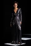 Buy_Vesture_Charcoal Lycra Crystals V-neck Titan Metallic Grey Knotted Draped Gown _at_Aza_Fashions