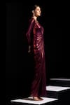 Vesture Red Mesh V-neck Claret Metallic Full Sleeves Draped Gown Online at Aza Fashions Vesture_Red Mesh V-neck Claret Metallic Full Sleeves Draped Gown _Online_at_Aza_Fashions