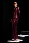 Buy Vesture Red Mesh V-neck Claret Metallic Full Sleeves Draped Gown Online at Aza Fashions Buy_Vesture_Red Mesh V-neck Claret Metallic Full Sleeves Draped Gown _Online_at_Aza_Fashions