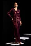 Buy Vesture Red Mesh V-neck Claret Metallic Full Sleeves Draped Gown at Aza Fashions Buy_Vesture_Red Mesh V-neck Claret Metallic Full Sleeves Draped Gown _at_Aza_Fashions