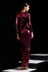 Shop Vesture Red Mesh V-neck Claret Metallic Full Sleeves Draped Gown at Aza Fashions Shop_Vesture_Red Mesh V-neck Claret Metallic Full Sleeves Draped Gown _at_Aza_Fashions