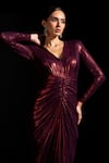 Shop Vesture Red Mesh V-neck Claret Metallic Full Sleeves Draped Gown Online at Aza Fashions Shop_Vesture_Red Mesh V-neck Claret Metallic Full Sleeves Draped Gown _Online_at_Aza_Fashions