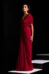 Vesture_Red Mesh, Lycra V-neck Ruby Deep Draped Ring Gown _Online_at_Aza_Fashions