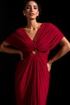 Shop_Vesture_Red Mesh, Lycra V-neck Ruby Deep Draped Ring Gown _Online_at_Aza_Fashions