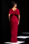 Shop_Vesture_Red Mesh, Lycra V-neck Ruby Deep Draped Ring Gown _at_Aza_Fashions