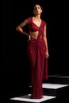 Buy_Vesture_Red Mesh Zari Sweetheart Neck Marsala Pre-draped Saree With Blouse _at_Aza_Fashions