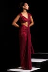 Buy_Vesture_Red Mesh Zari Sweetheart Neck Marsala Pre-draped Saree With Blouse _Online_at_Aza_Fashions