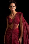 Shop_Vesture_Red Mesh Zari Sweetheart Neck Marsala Pre-draped Saree With Blouse _Online_at_Aza_Fashions