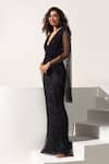 Vesture_Black Mesh V-neck Caviar Swarovski Draped Gown _Online_at_Aza_Fashions