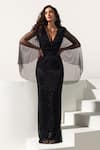Buy_Vesture_Black Mesh V-neck Caviar Swarovski Draped Gown _at_Aza_Fashions