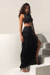 Vesture_Black Net, Mesh Crew Neck Eclipse Swarovski Pre-draped Saree Skirt With Blouse _Online_at_Aza_Fashions