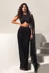 Buy_Vesture_Black Net, Mesh Crew Neck Eclipse Swarovski Pre-draped Saree Skirt With Blouse _at_Aza_Fashions